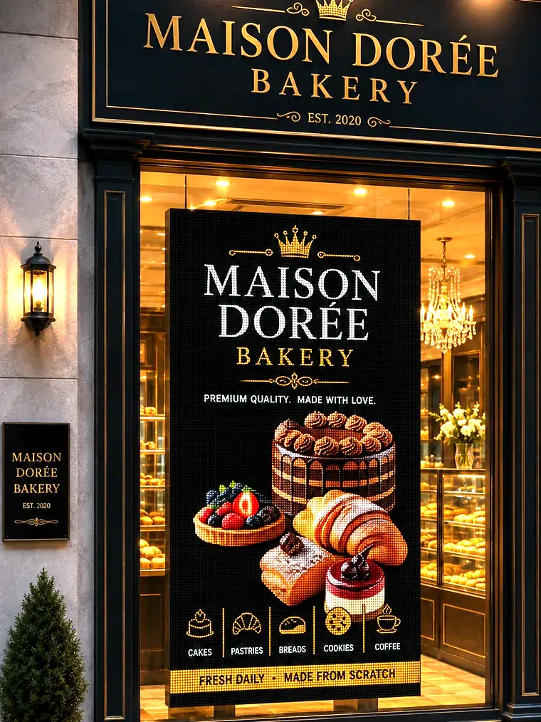 LED window display showing cakes and pastries in a bakery storefront
