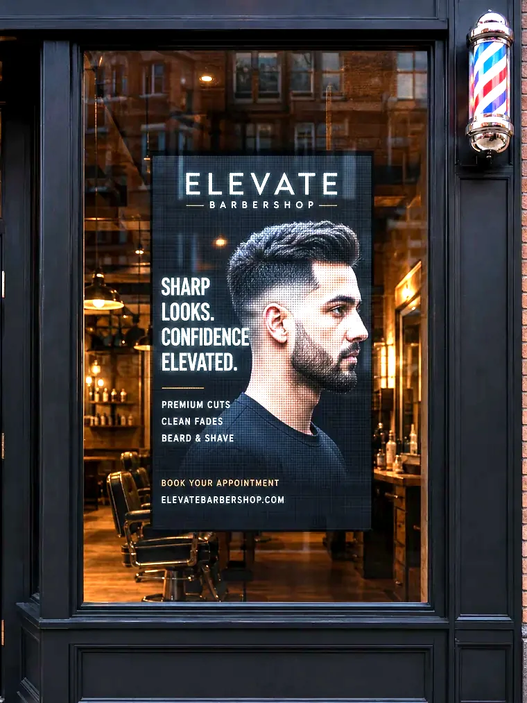 Portrait LED display in a barbershop storefront window
