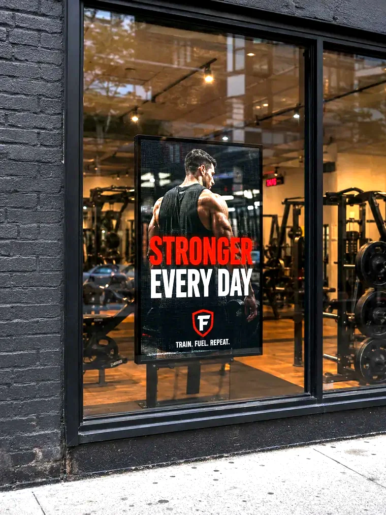 LED poster display showing a fitness advertisement in a gym window