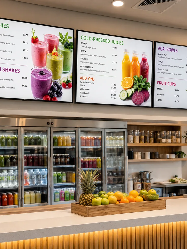 Digital menu boards above a juice bar counter