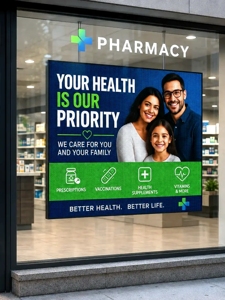 LED window display promoting pharmacy services