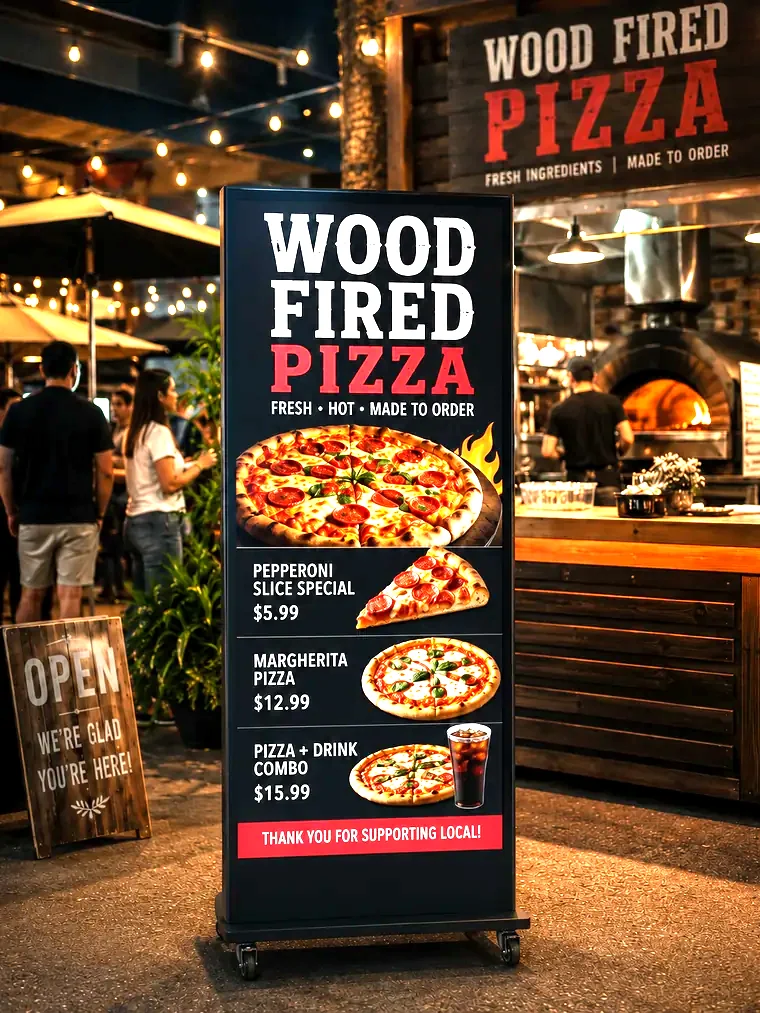 Freestanding digital menu board showing pizza specials on a restaurant patio