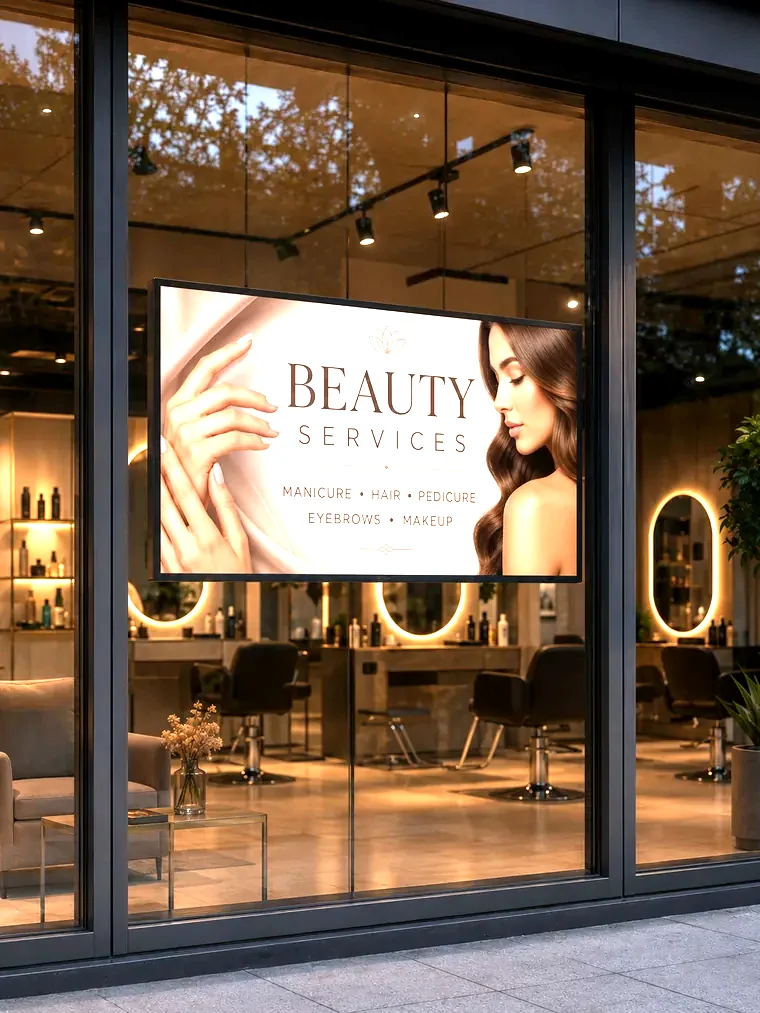 Digital display advertising beauty services in a salon window
