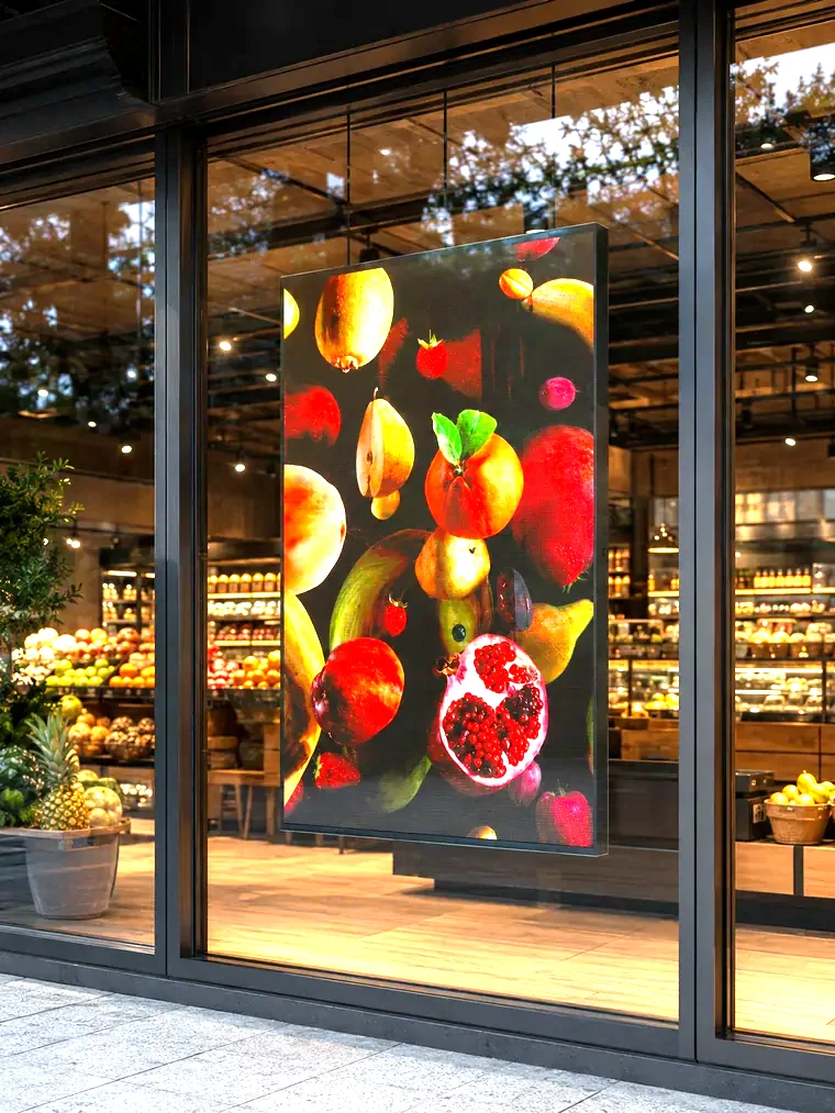 LED window display showing fresh produce in a supermarket storefront