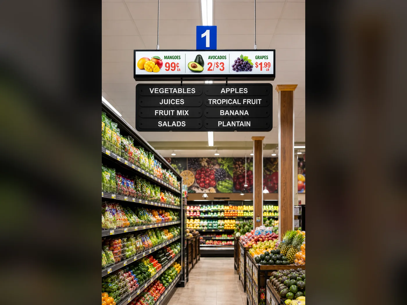 Ultra-wide LED price screen hanging above a supermarket produce aisle