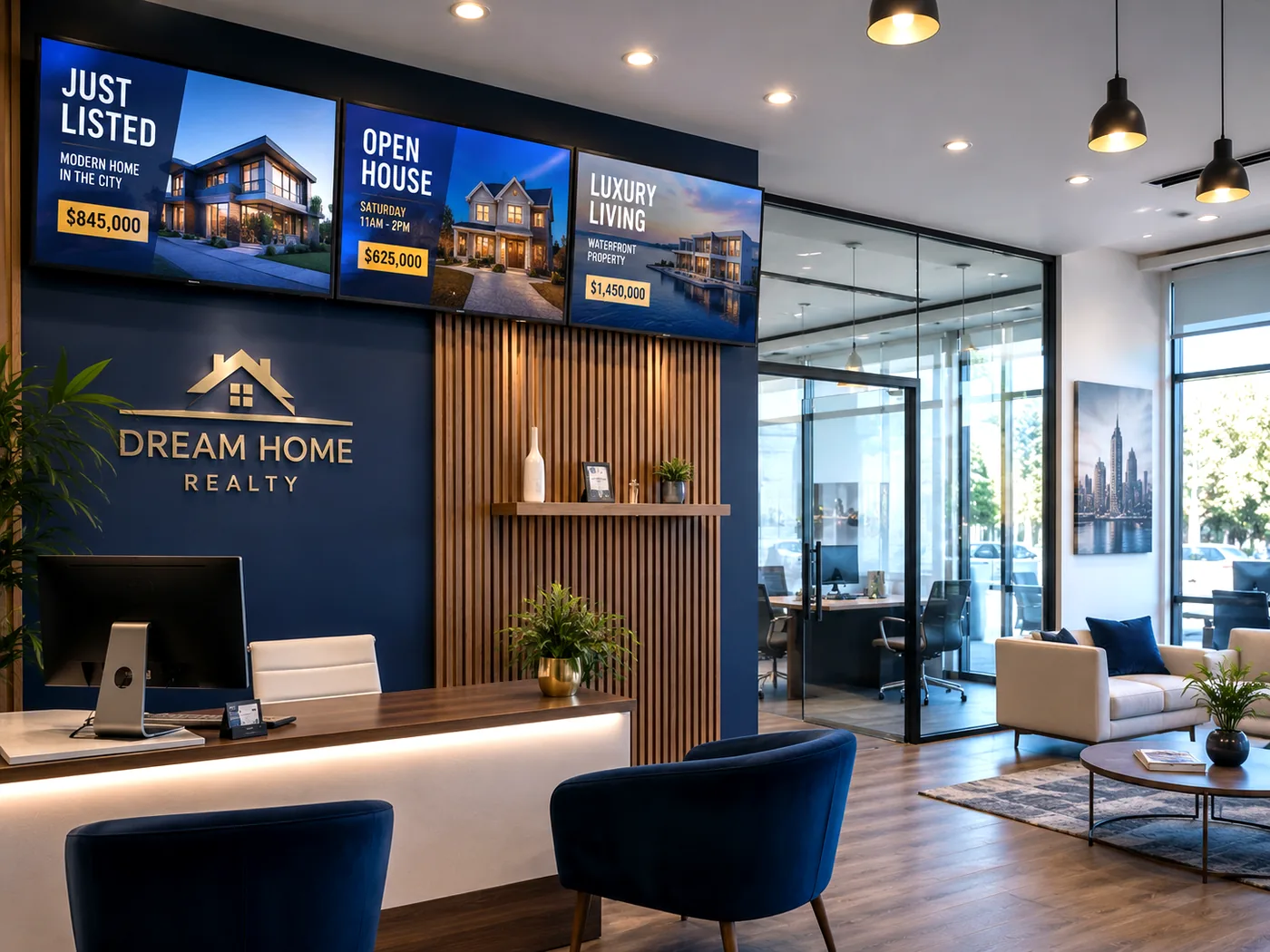 Wall of fine-pitch LED displays showing property listings in an office lobby