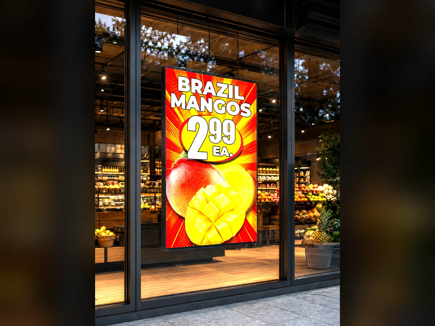 High-brightness LED window display advertising a mango special in a grocery storefront