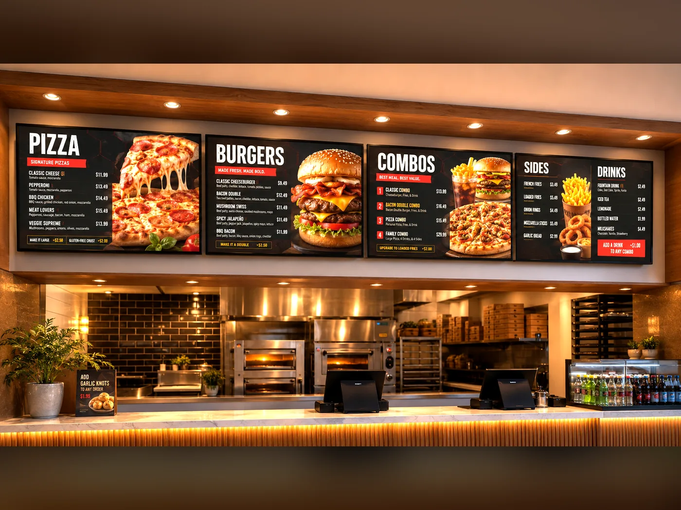 Five-screen digital menu board above a pizza and burger counter