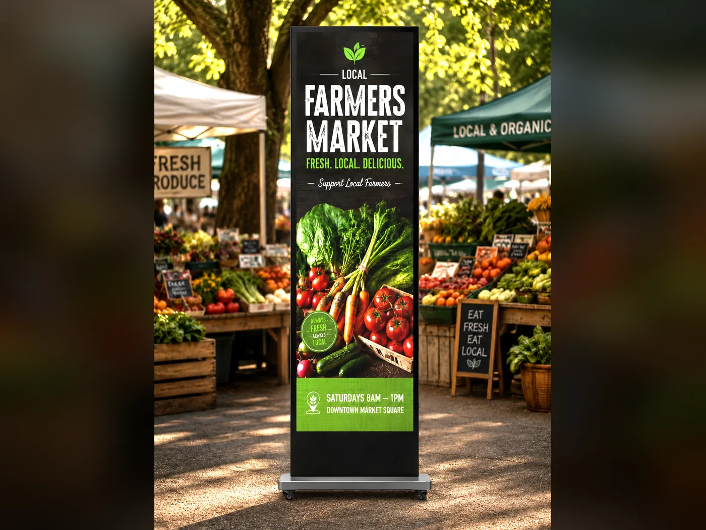 Freestanding outdoor LED poster display standing on a market path